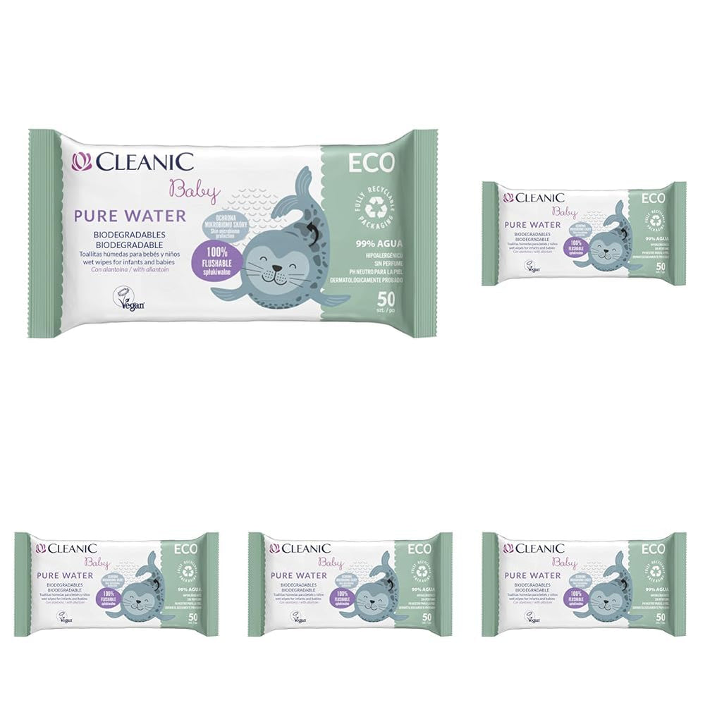 Șervețele umede Cleanic Baby Eco Pure Water – (1 x 50 buc.) Șervețele umede pentru copii și sugari – fără parfum, se pot arunca la toaletă, piele sensibilă – 50 buc.