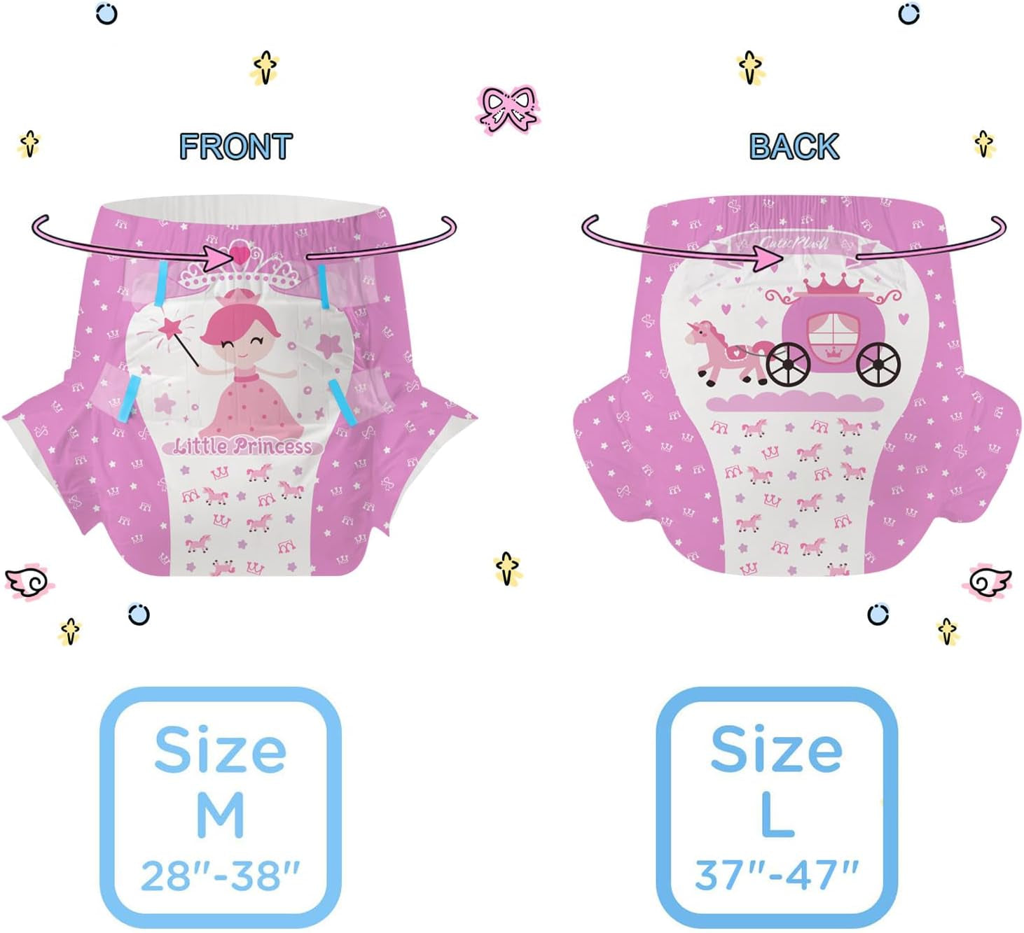 Scutece pentru adulți CutiePlusU, 10 bucăți, chiloți de incontinență de unică folosință cu tablă pentru femei și bărbați, absorbție maximă peste noapte - Little Princess (Mărime mare 94-119 cm)