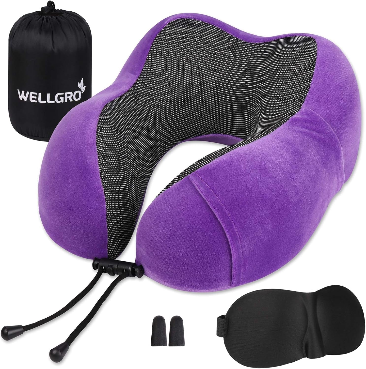 Set de perne pentru gât WELLGRO cu mască de somn 3D și dopuri pentru urechi - Husă detașabilă - Spumă cu memorie - Închidere cu fermoar - Inclusiv geantă de depozitare - Pernă de călătorie - Culoare selectabilă, Culoare:Gri Perne ortopedice cervicale Naty Shop Violet