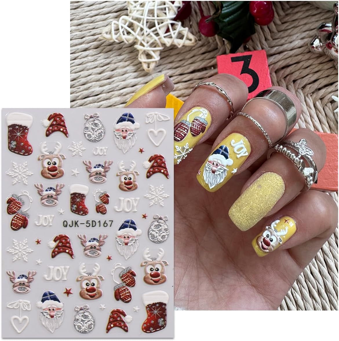 JMEOWIO 3D Nagelsticker Weihnachten Glitzer Nail Art Sticker Selbstklebend Nagelaufkleber 5D Stereoskopisch Schneeflocke Winterurlaub Süß Dekoration Nageldesign Zubehör 4 Blatt