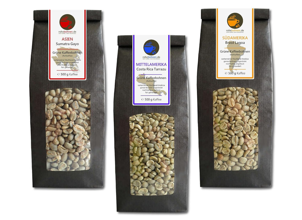 Cafea crudă - Cafea verde din Sumatra, Costa Rica, Brazilia (pachet redus boabe de cafea verde 3x500g) - certificată GMP