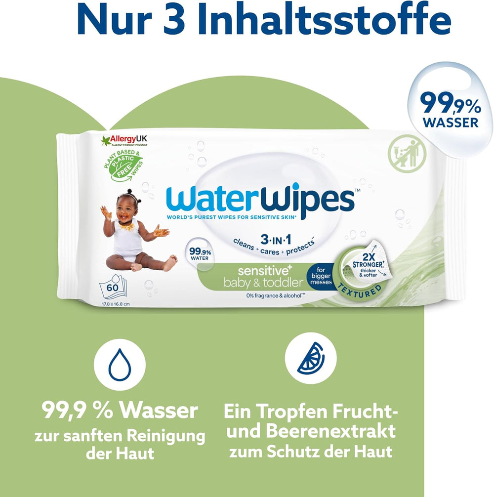 Șervețele umede WaterWipes Sensitive+ pentru bebeluși și copii mici, 720 bucăți (12 pachete), curățare 3 în 1, îngrijire, protecție, 99,9% apă, curățare texturată, fără parfum