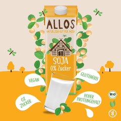 Allos Bio Sojadrink ohne Zucker | Milchalternative aus Soja | Soja Drink | Drink auf Pflanzenbasis | veganer Drink | ohne zugesetzten Zucker | vegan | laktosefrei | 1 Liter (6 Stück)