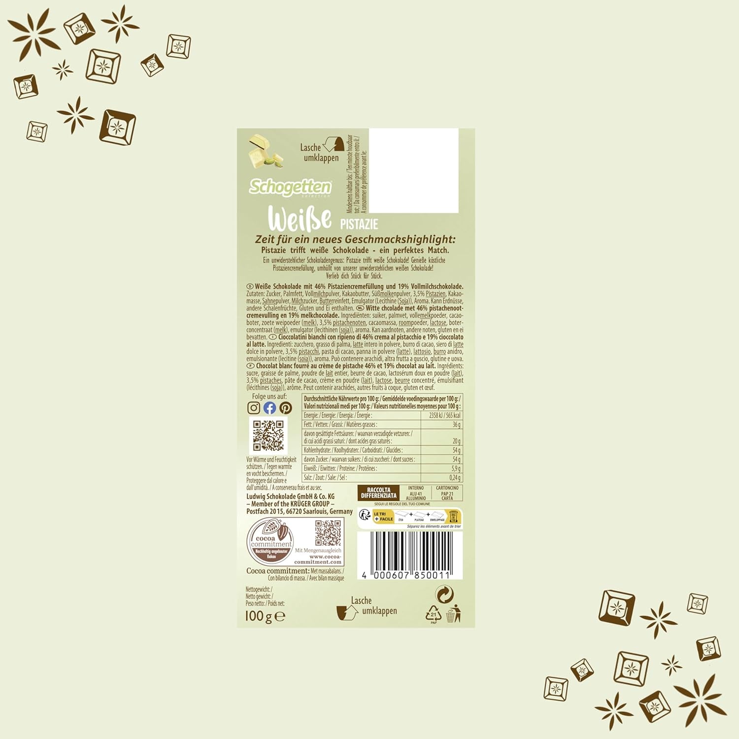 Schogetten Fistic Alb | Ciocolată albă cu umplutură de cremă de fistic | 100 g | Porționat convenabil (pachet de 3)