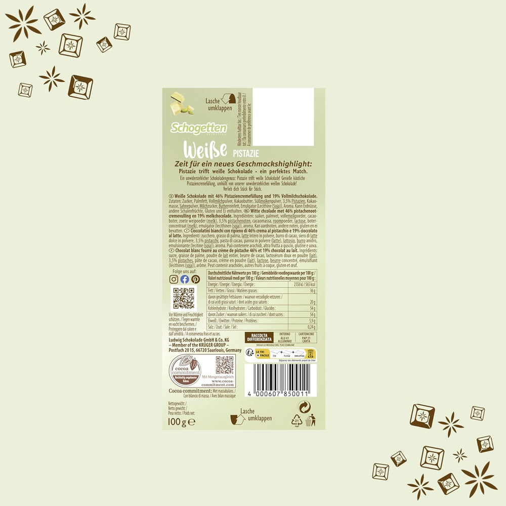 Schogetten Fistic Alb | Ciocolată albă cu umplutură de cremă de fistic | 100 g | Porționat convenabil (pachet de 3)