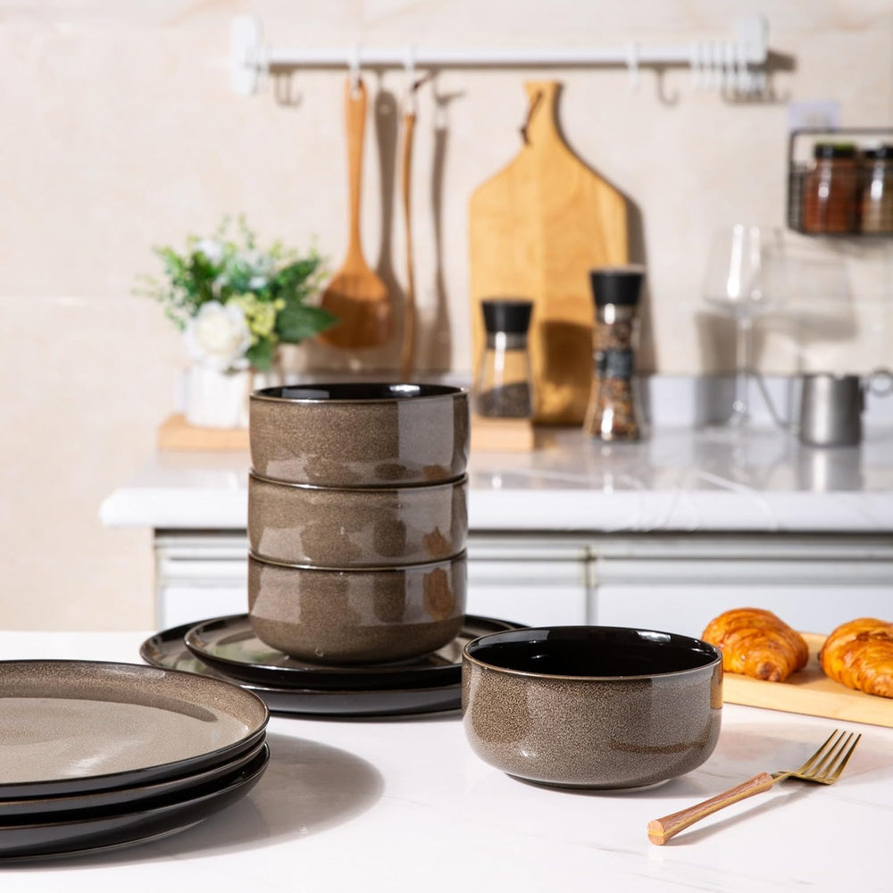 Set de veselă LeRatio pentru 6 persoane, set de veselă din gresie, 18 piese, glazură reactivă, set de boluri și farfurii rezistente la zgârieturi, potrivit pentru mașina de spălat vase și cuptorul cu microunde, pentru servire la masă