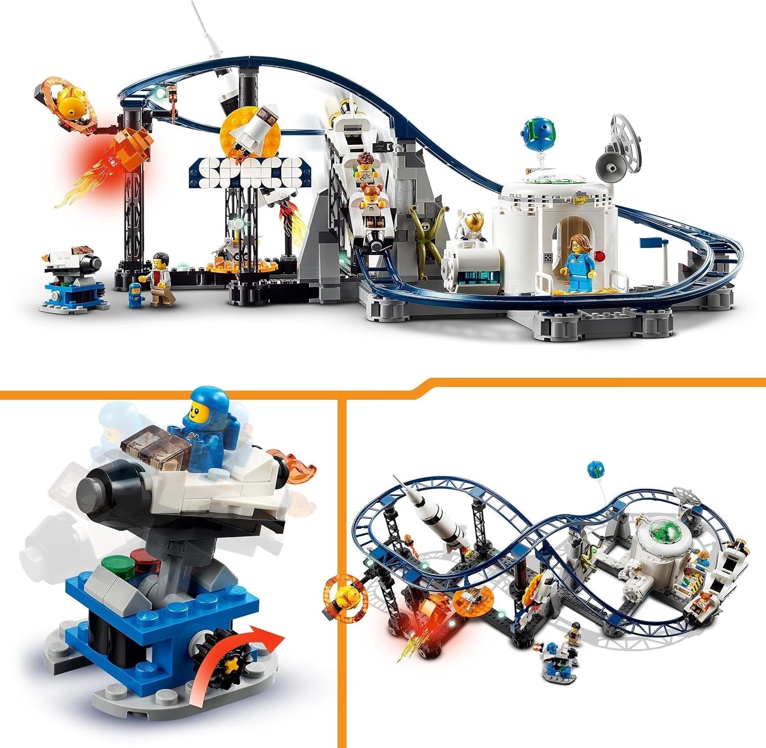 LEGO 31142 Creator 3-In-1 Rollercoaster spațial, kit de jucărie pentru bâlci cu cărucioare funcționale, convertibil în turn de cădere liberă sau carusel cu rachete și cărămizi strălucitoare Seturi de constructie Besuche den LEGO-Store