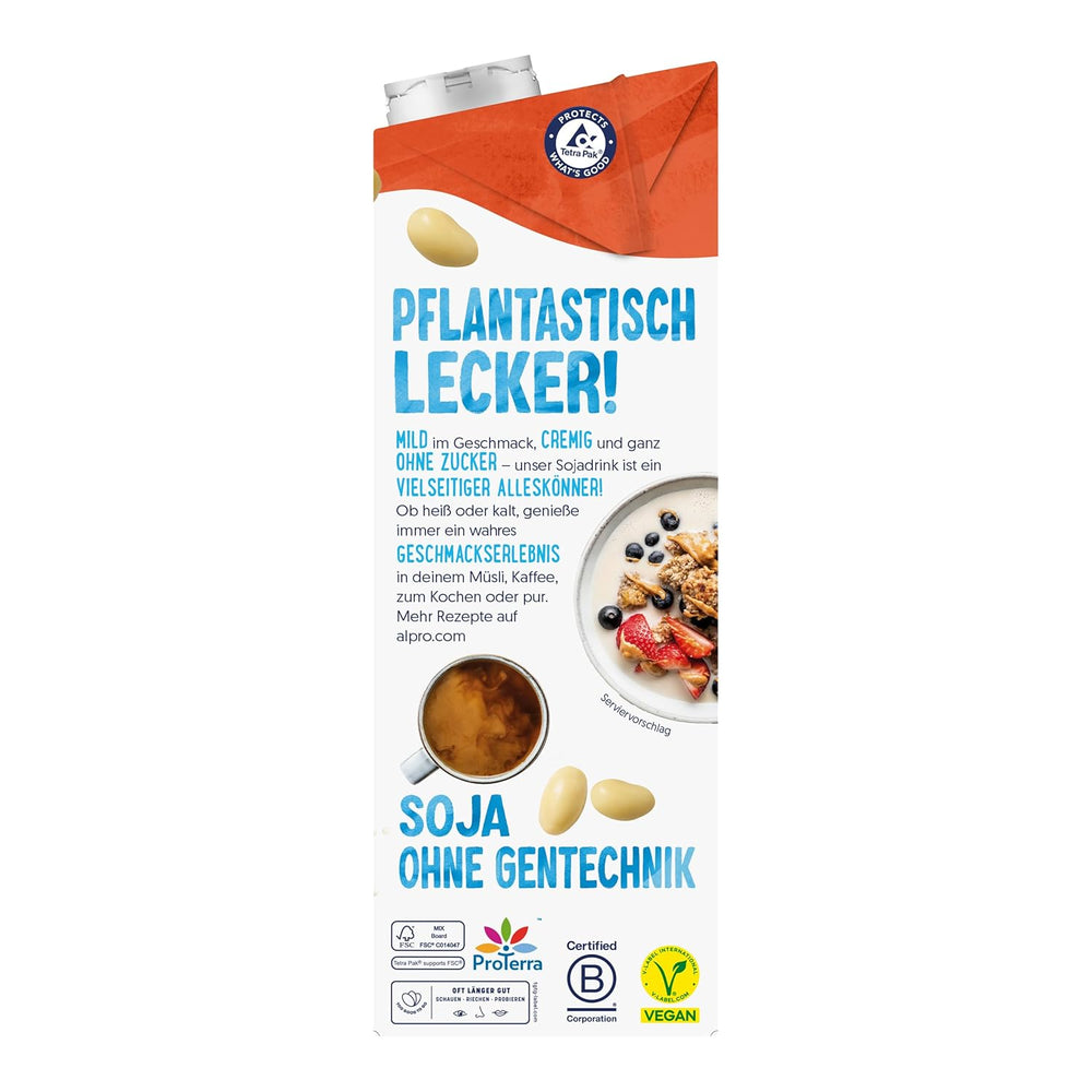 Alpro Sojadrink – Vegan und milchfrei – Von Natur aus laktosefrei und fettarm – Reich an pflanzlichen Proteinen, beinhaltet Calcium und Vitamine – 8 x 1 L – Haltbar