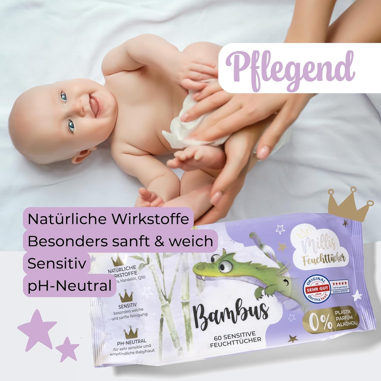 Șervețele umede Millis Bamboo Baby Sensitive pentru pielea delicată a bebelușilor – 5 x 60 bucăți – Curățare naturală, blândă și sustenabilă – Șervețele biodegradabile pentru bebeluși, fără plastic și fără alcool
