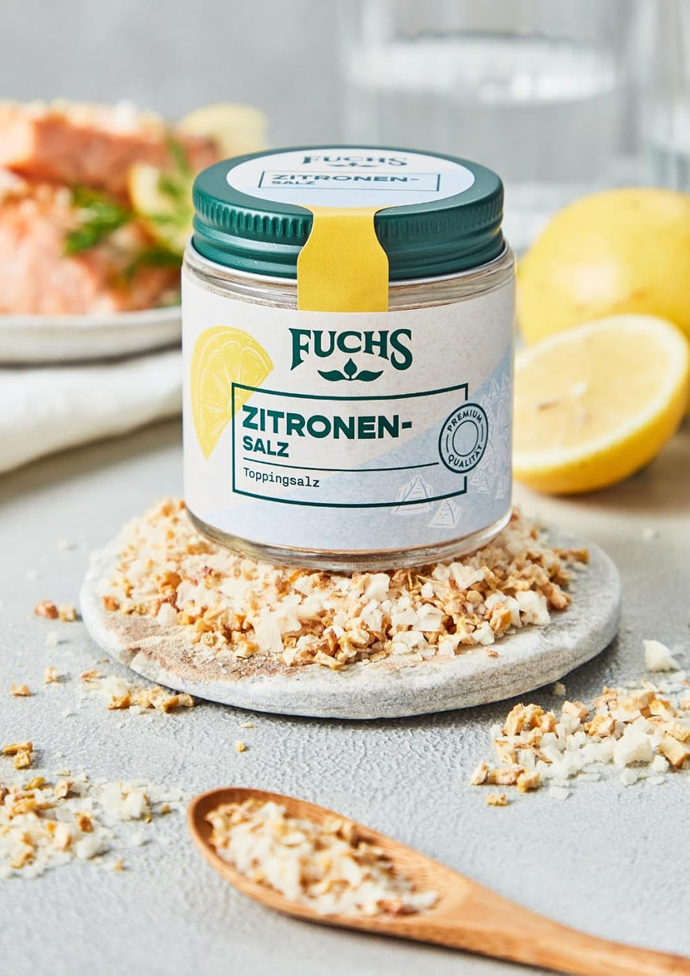 Fuchs Gewürze - Zitronensalz | Toppingsalz mit Pyramidenflocken & Zitrone | Crunchy Verfeinerung für Fisch und Gemüse | Zitronensalz in Premium-Qualität | 60 g im wiederverschließbaren Gewürzglas
