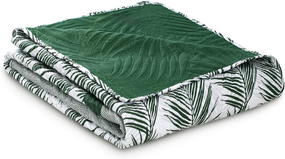 Ameliahome Cuvertură de pat Cuvertură de pat 170X210 Cm Două fețe Ușor de îngrijit Cuvertură de pat Model de plante Verde Alb Tropical Bonaire Paturi si Cuverturi Besuche den AmeliaHome-Store
