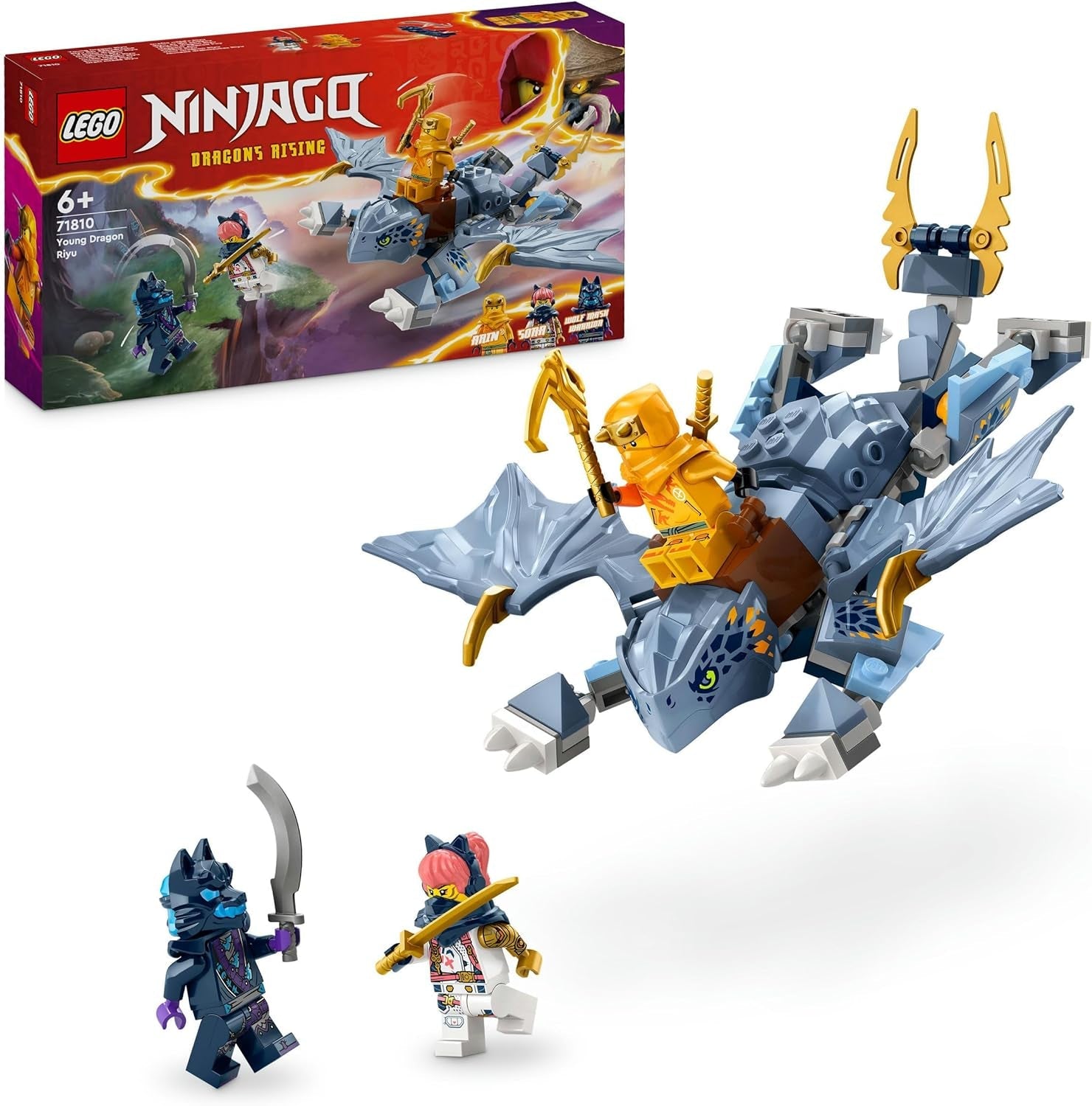 LEGO NINJAGO Riyu The Baby Dragon, jucărie dragon cu 3 mini figurine, jucărie ninja construibilă pentru băieți și fete de 6 ani, cadou plin de acțiune pentru copii 71810 Seturi de constructie Besuche den LEGO-Store Singur