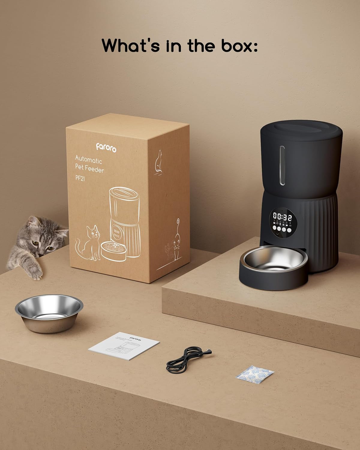 Hrănitor automat pentru pisici Faroro, dozator de hrană pentru pisici de 4 l, hrănește 1-6 mese pe zi, control al porțiilor, comandă vocală în 10 secunde, hrănire lentă (negru)