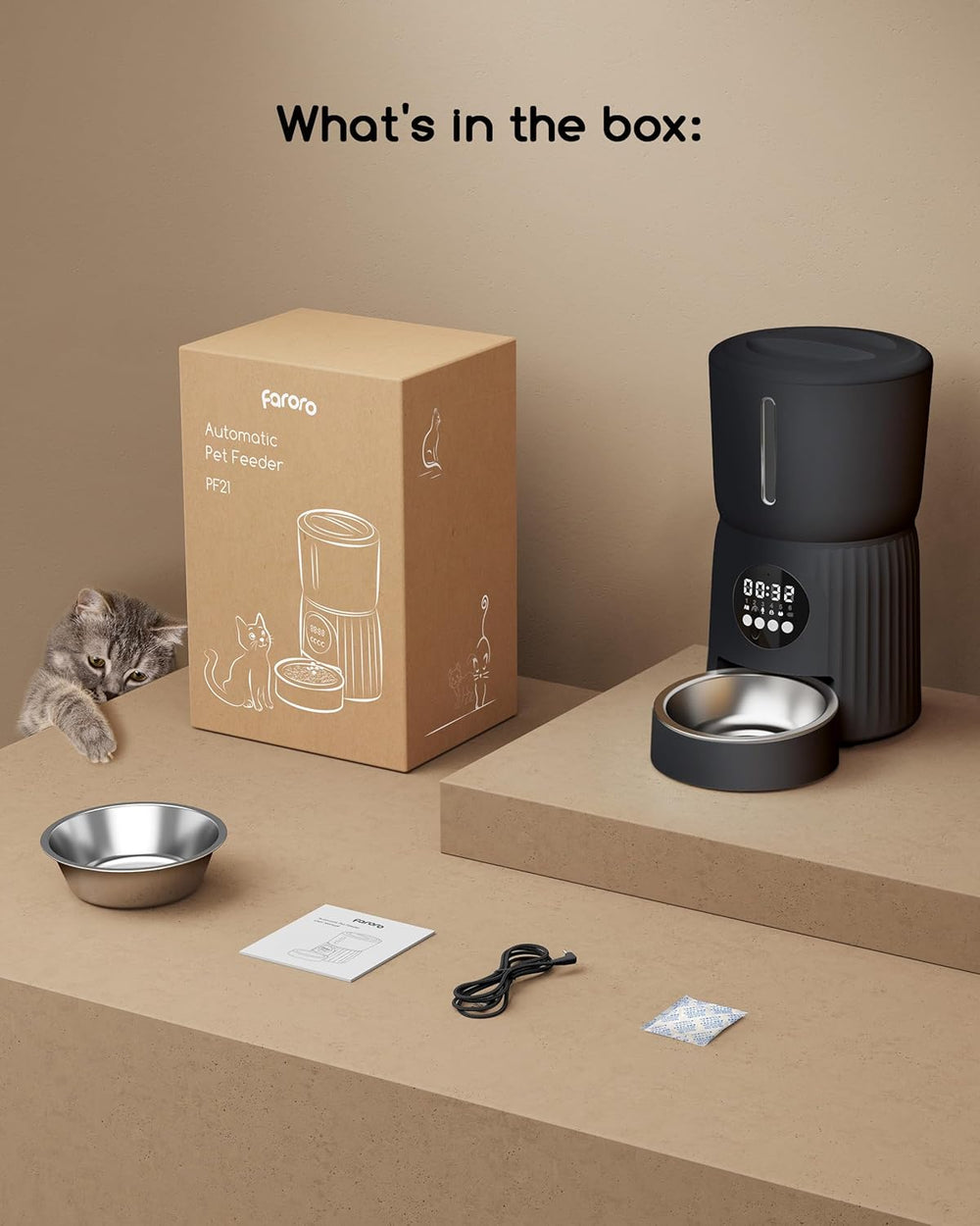 Hrănitor automat pentru pisici Faroro, dozator de hrană pentru pisici de 4 l, hrănește 1-6 mese pe zi, control al porțiilor, comandă vocală în 10 secunde, hrănire lentă (negru)