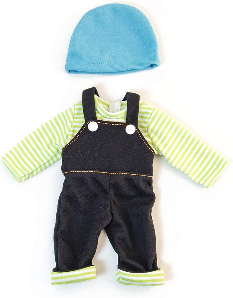Miniland Set Puppenkleidung 32cm, geringeltes T-Shirt mit Latzhose und Mütze, Übergangszeit