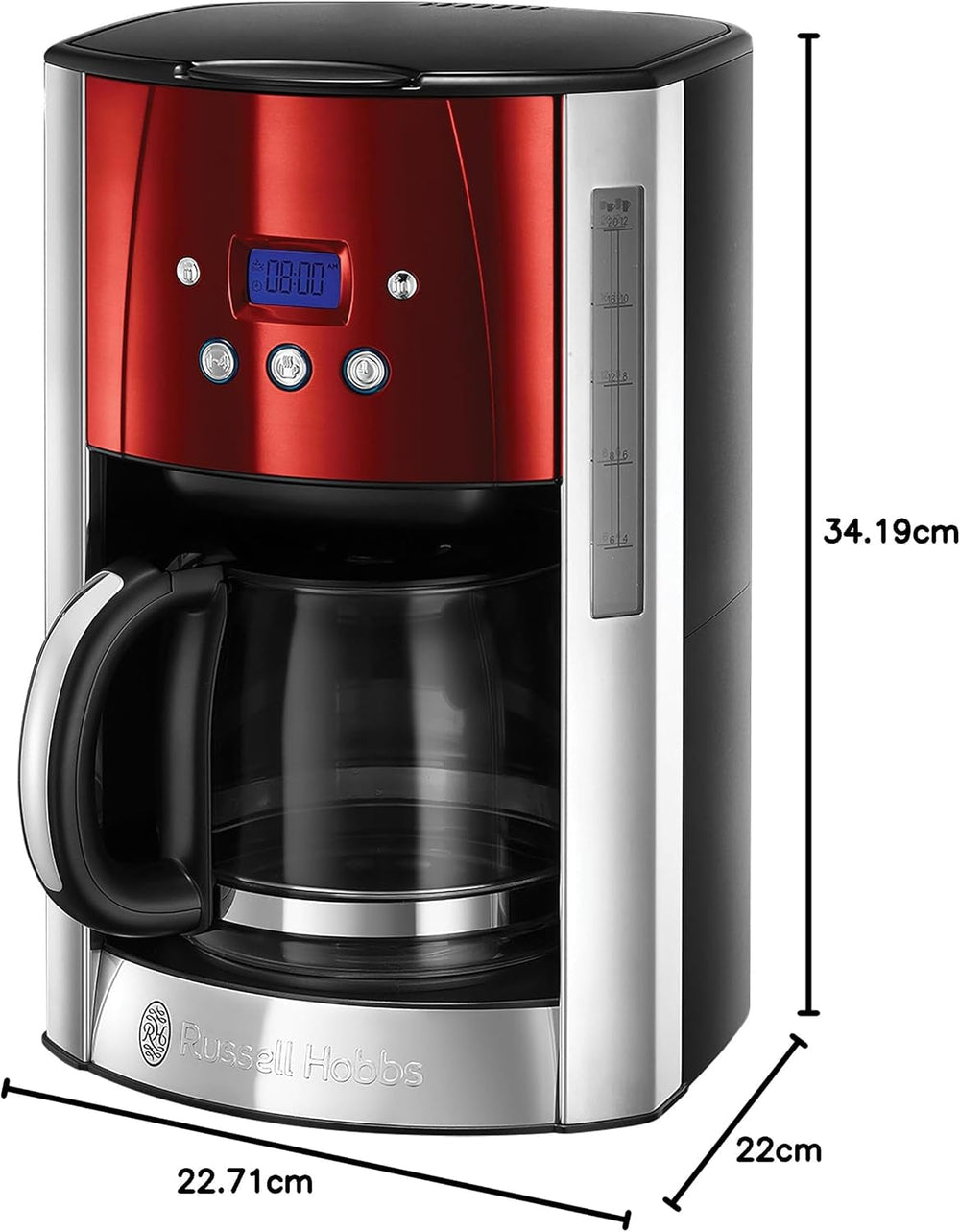 Cafetieră Russell Hobbs [Temporizator digital, Cap de duș pentru extracție și aromă optime] Luna Red (1 până la 12 cești, Carafă din sticlă de 1,5 l, Placă de încălzire, 1000 W) Cafetieră cu filtru 23240-56