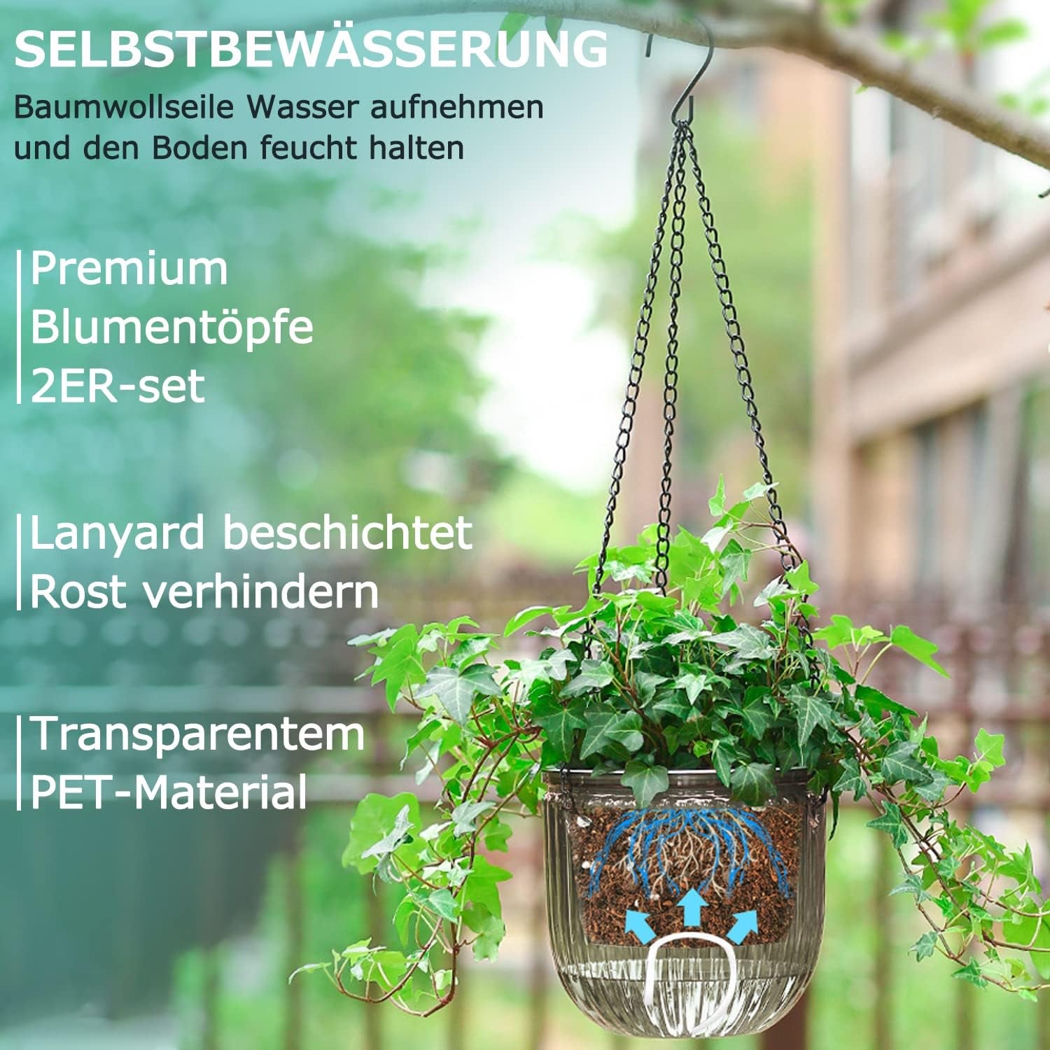 Set de 2 jardiniere suspendate cu auto-udare, ghivece de flori suspendate de interior de 16,5 cm cu 3 cârlige și găuri de drenaj pentru utilizare în interior și exterior, tavane, balcoane și decorațiuni de perete (gri)