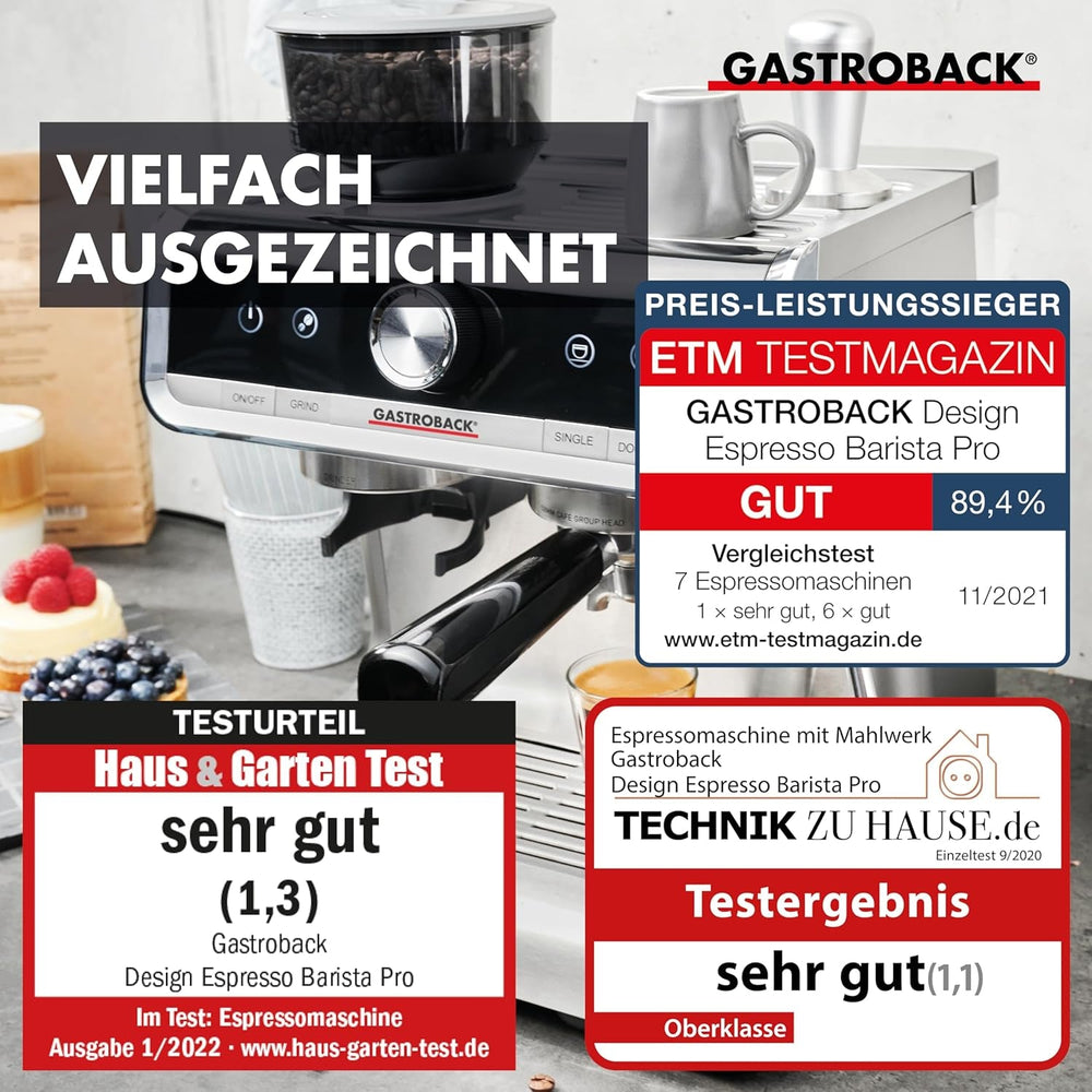 Espressor GASTROBACK cu râșniță, inclusiv ulcior de lapte, pressor și portafiltru din oțel inoxidabil - Espressor Barista cu spumator de lapte - Espressor cu 30 de setări de măcinare