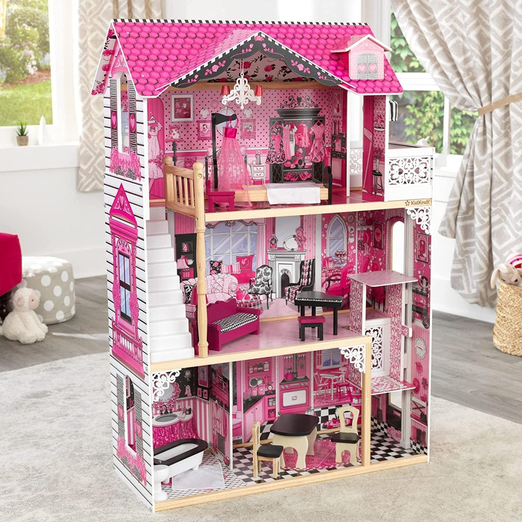 Casă de păpuși din lemn Kidkraft Amelia cu mobilier și accesorii, set de joacă cu balcon și lift pentru păpuși de 30 cm, jucărie pentru copii de la 3 ani, 65093 Casute de papusi Naty Shop