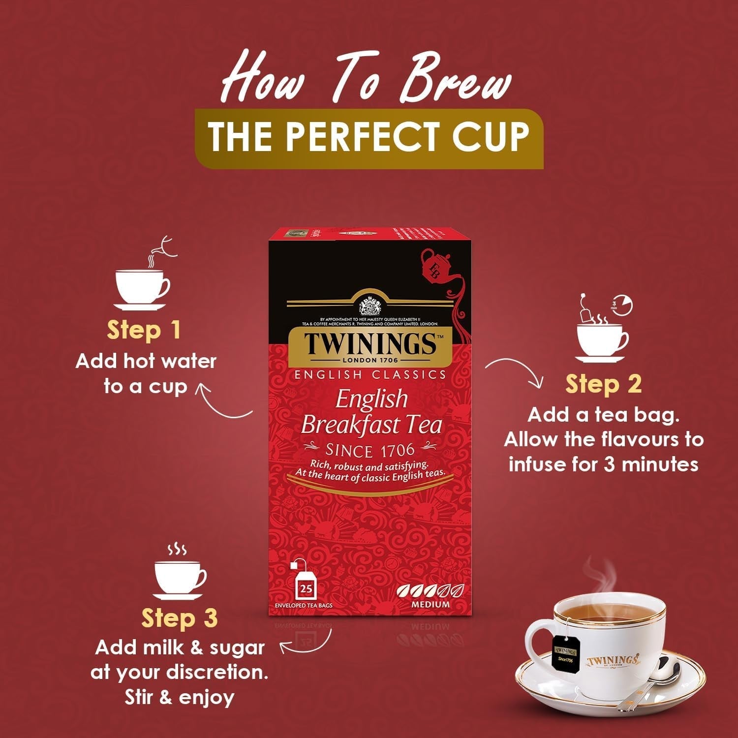Twinings English Breakfast Ceai negru 50 g, 25 pliculețe de ceai, ceai negru plin, rotund și puternic din cele mai bune plantații de ceai din Sri Lanka și India. Ceai negru Pachet de 1 (1 x 50 g)