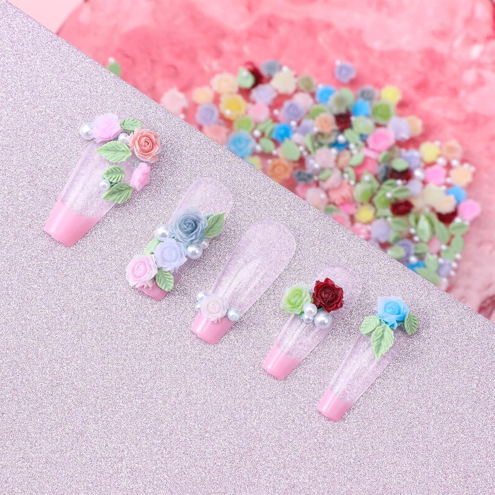 300 Stück Niedlich Blume Nail Charms, 3D Harz Floral Kamelie Rose Nägel Charms Mit Perle, Gemischt Größe Bunte Flower Nägel Deko Für Frauen Nail Art Zubehör