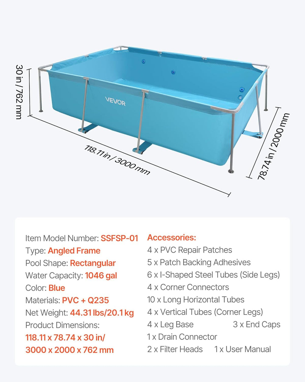 Piscină VEVOR Frame, piscină supraterană, 3000x2000x762 mm, piscină cu cadru din oțel, piscină dreptunghiulară cu cadru din oțel, piscină cu cadru pentru grădină, piscină de grădină cu o capacitate de apă de 3960 L, pentru 4-5 persoane, albastră
