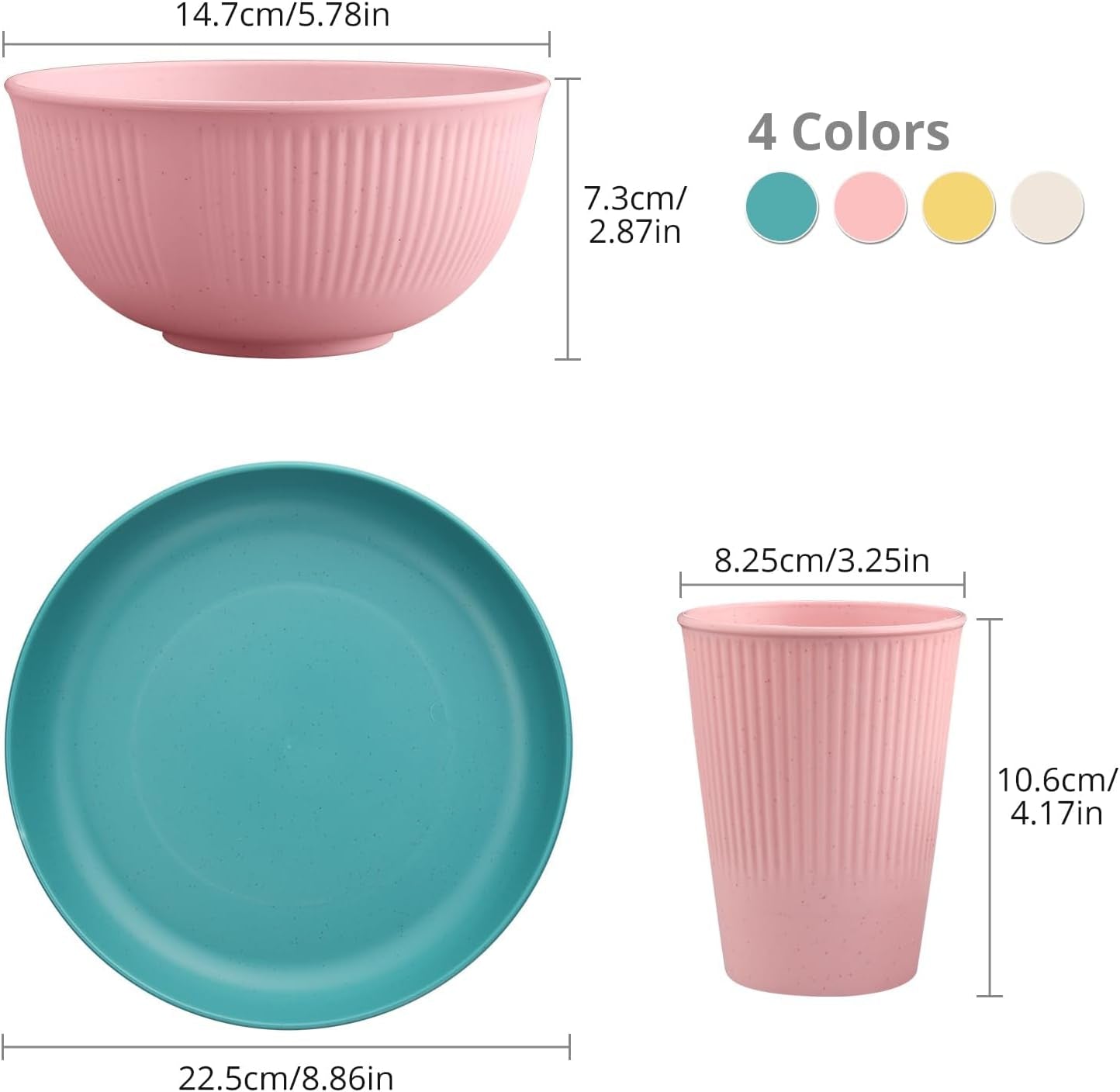 Set de veselă din plastic Tanice, 12 piese, farfurii și boluri, set de veselă pentru copii pentru 4 persoane, set de veselă din plastic cu farfurii, boluri și căni pentru bucătărie, camping în aer liber