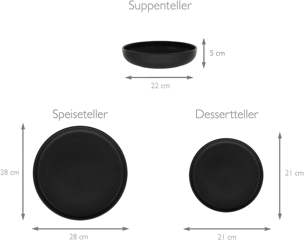 Creatable, 22979, Serie Uno BLACK, 12-Teiliges Geschirrset, Teller Set Aus Steinzeug, Spülmaschinen- Und Mikrowellengeeignet, Made in Portugal Seturi vesela masa Naty Shop