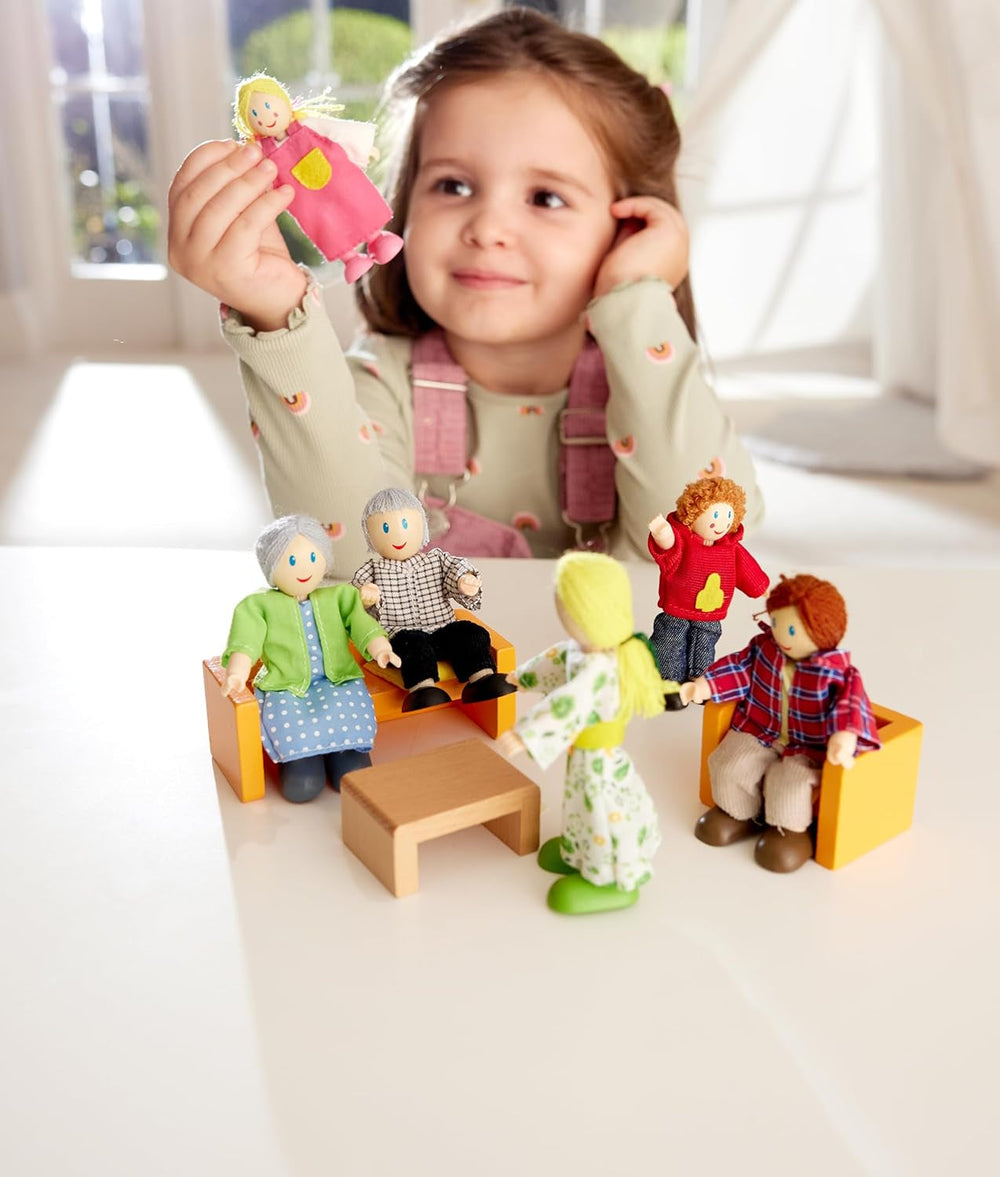 Set familial de păpuși Hape Doll Family premiat, accesorii unice pentru case de păpuși din lemn, joc imaginativ, 6 membri ai familiei de păpuși, pentru copii cu vârsta de 3 ani și peste