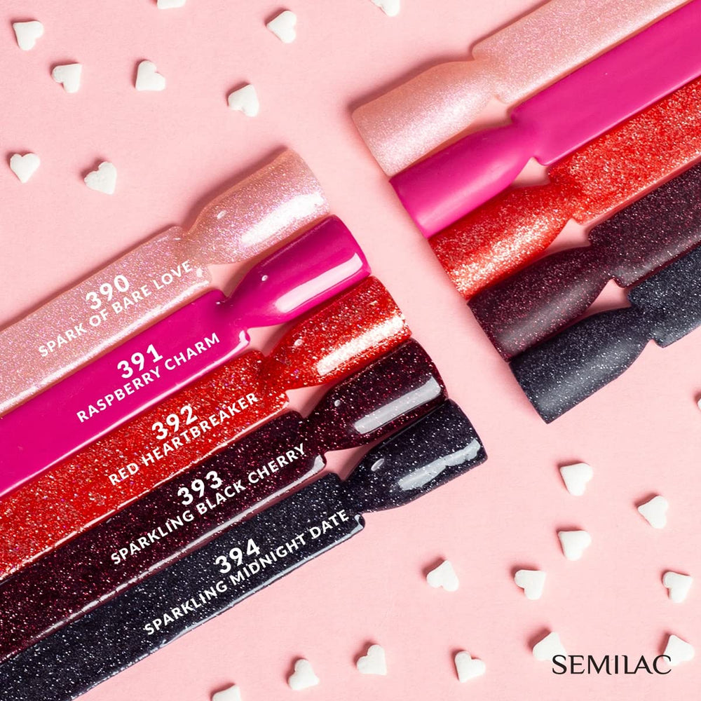 Oja UV Semilac 394 Sparkling Midnight Date 7 ml – Cer nocturn întunecat cu efect de sclipici – Colecția Love Is In The Nails