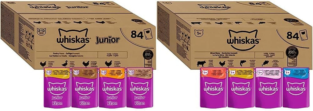 Hrană umedă pentru pisici Whiskas Adult 1+ Poultry selection in jelly, 120 pliculețe, 120X85G (1 pachet vrac) - Hrană umedă de înaltă calitate, Pentru pisici adulte