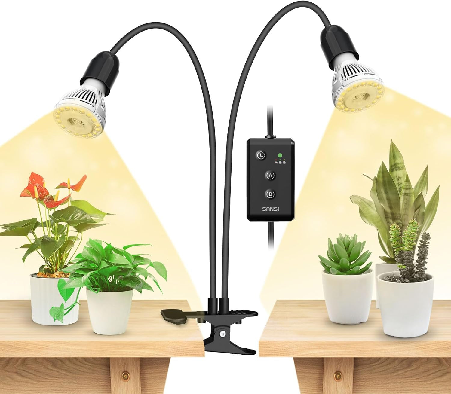 Lampă LED SANSI pentru plante de interior, lampă de creștere cu 2 capete, spectru complet de 10W (echivalent 150W), temporizator 4/8/12 ore, lumină suspendată pentru plante de interior, seră, hidroponică