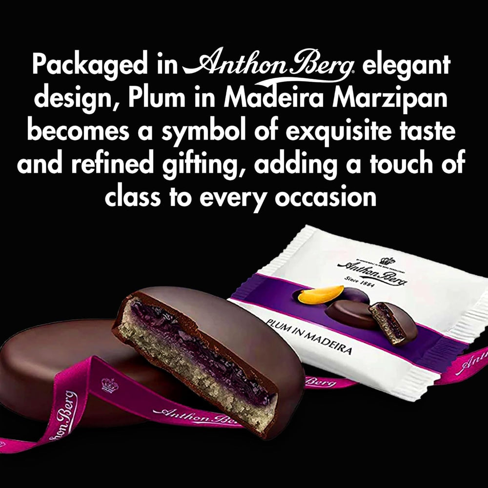 Prună în Madeira – 220 g – Specialitate de marțipan cu fructe și alcool – 8 monede de ciocolată neagră cu jeleu de prune și vin de Madeira – Idee de cadou