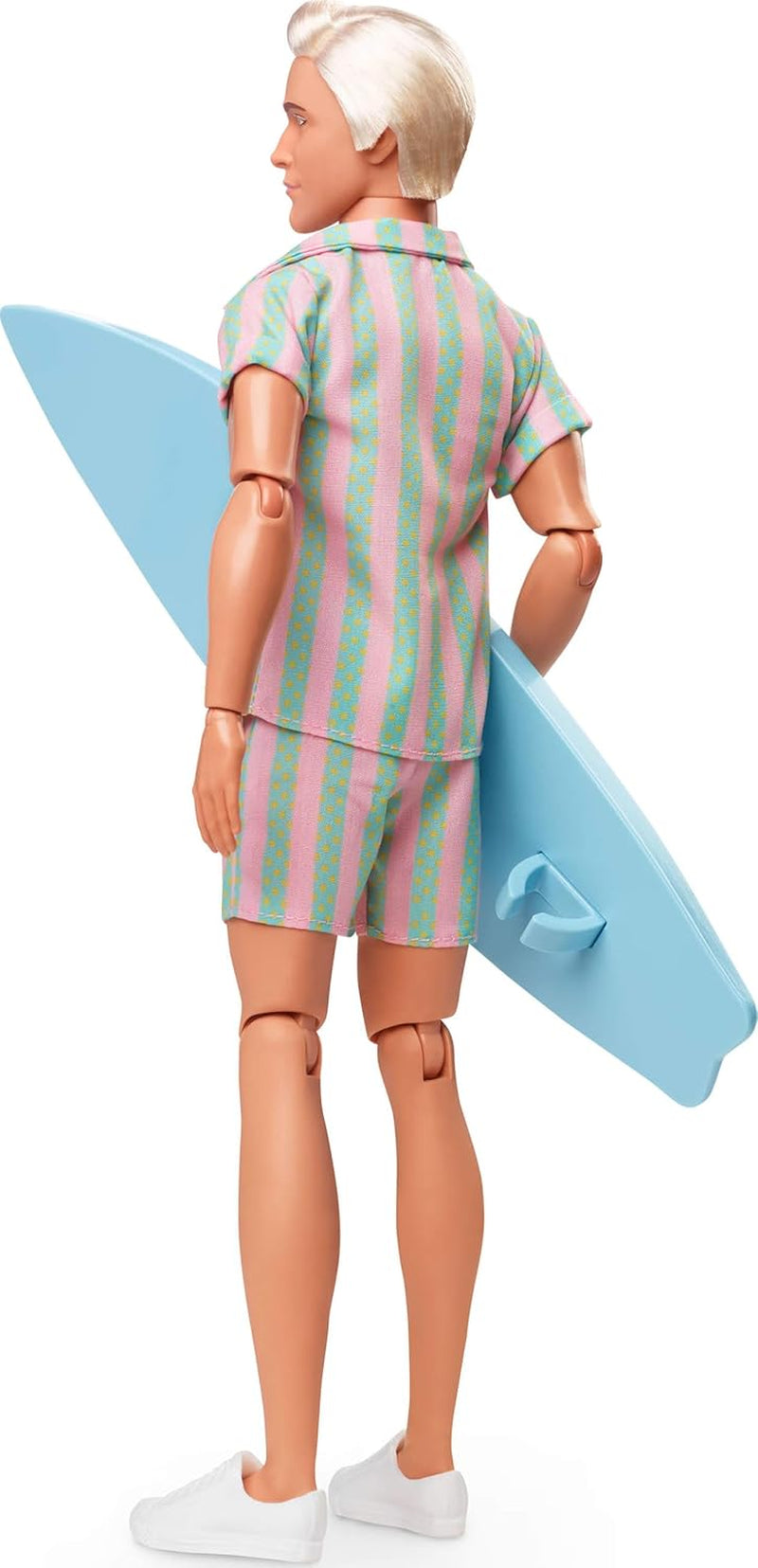 Păpușa Barbie Ken din filmul Barbie cu ținută de plajă în dungi roz pastel și verde, placă de surf și adidași albi, JBJ54