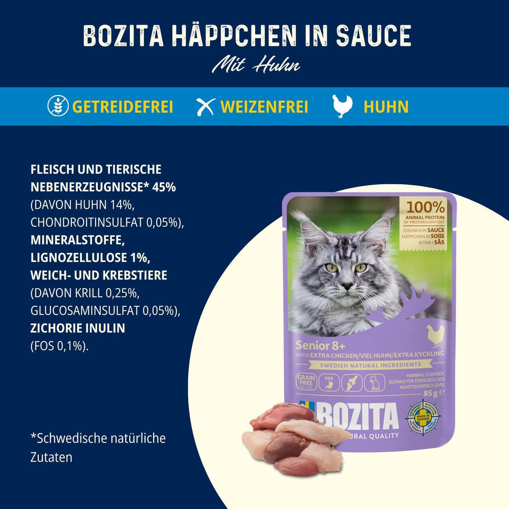Hrană umedă pentru pisici Bozita Senior 8+ Mound cu cereale și mult pui - 12 pliculețe x 85g, hrană umedă pentru pisici fără cereale și grâu - Hrană umedă pentru pisici cu 8,5% proteine și 4,5% grăsimi