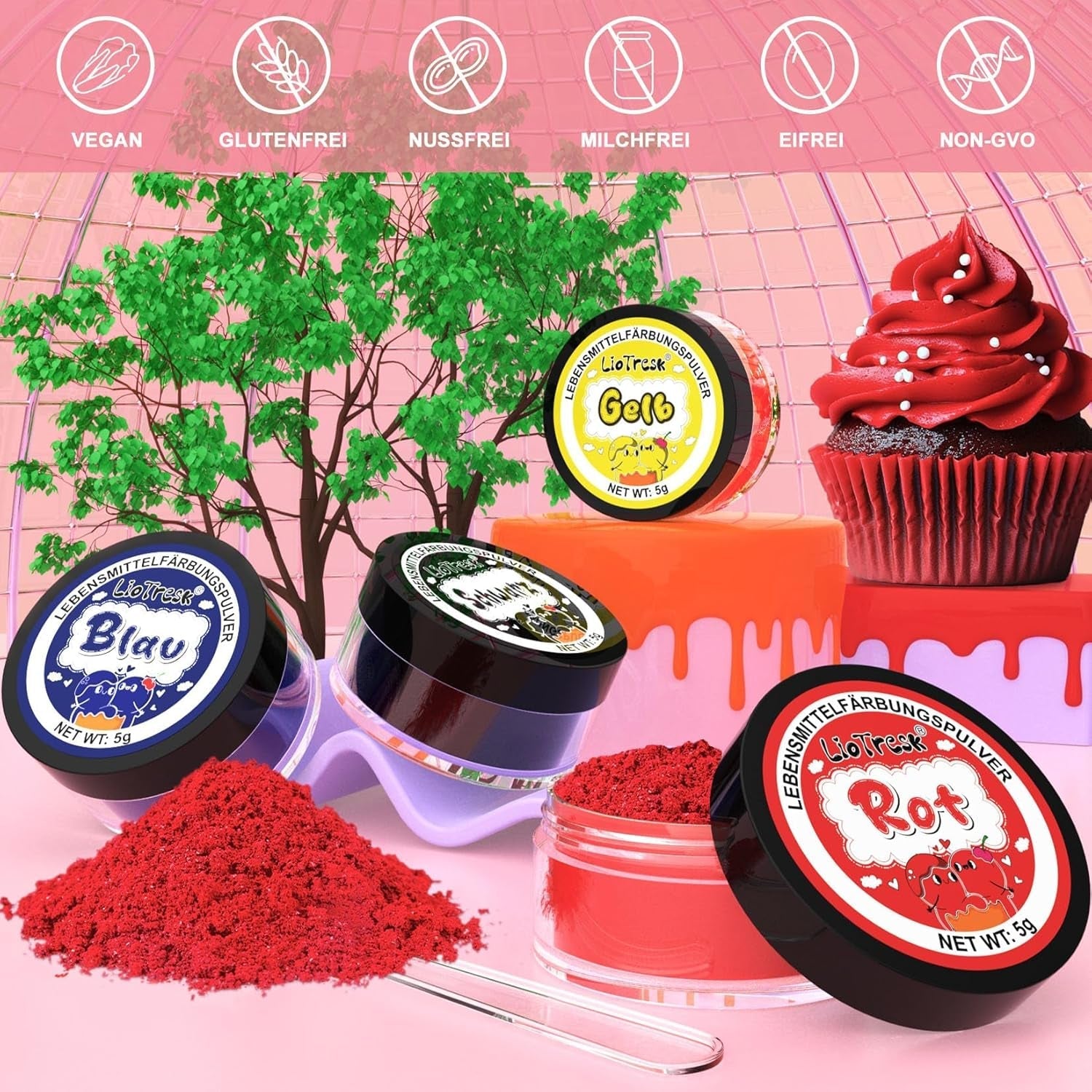 Set coloranți alimentari pudră - 4x5g colorant alimentar concentrat pentru fondant, cremă de unt, colorant alimentar vibrant pentru copt, decorare tort, colorare ouă de Paște, macaroane, Ziua Tuturor Sfinților