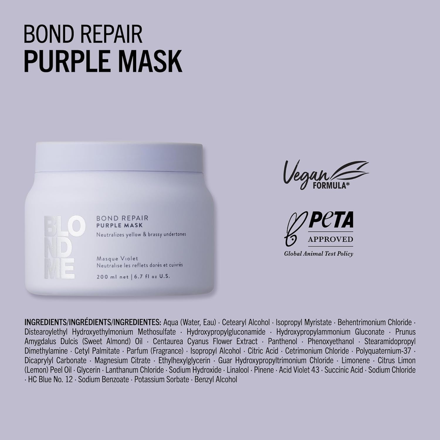 Schwarzkopf Professional BLONDME Bond Repair Purple Mask Mască pentru păr rece Neutralizează tonurile galbene pentru părul vopsit, albit și deschis Condiționare profundă și întărire 200 ml Masca de par Naty Shop