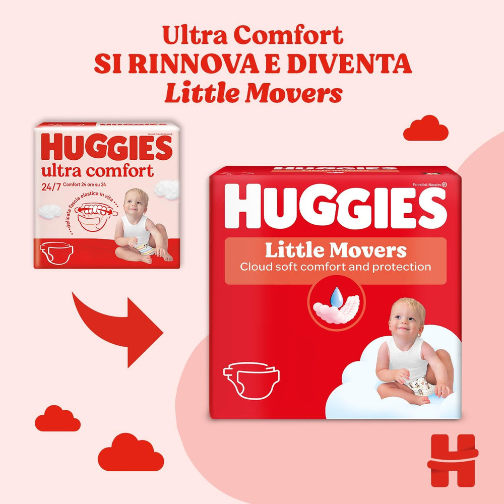 Scutece Huggies Ultra Comfort/Little Movers, mărimea 3 (4-9 kg), design Disney, absorbante, protecție integrală, 126 bucăți
