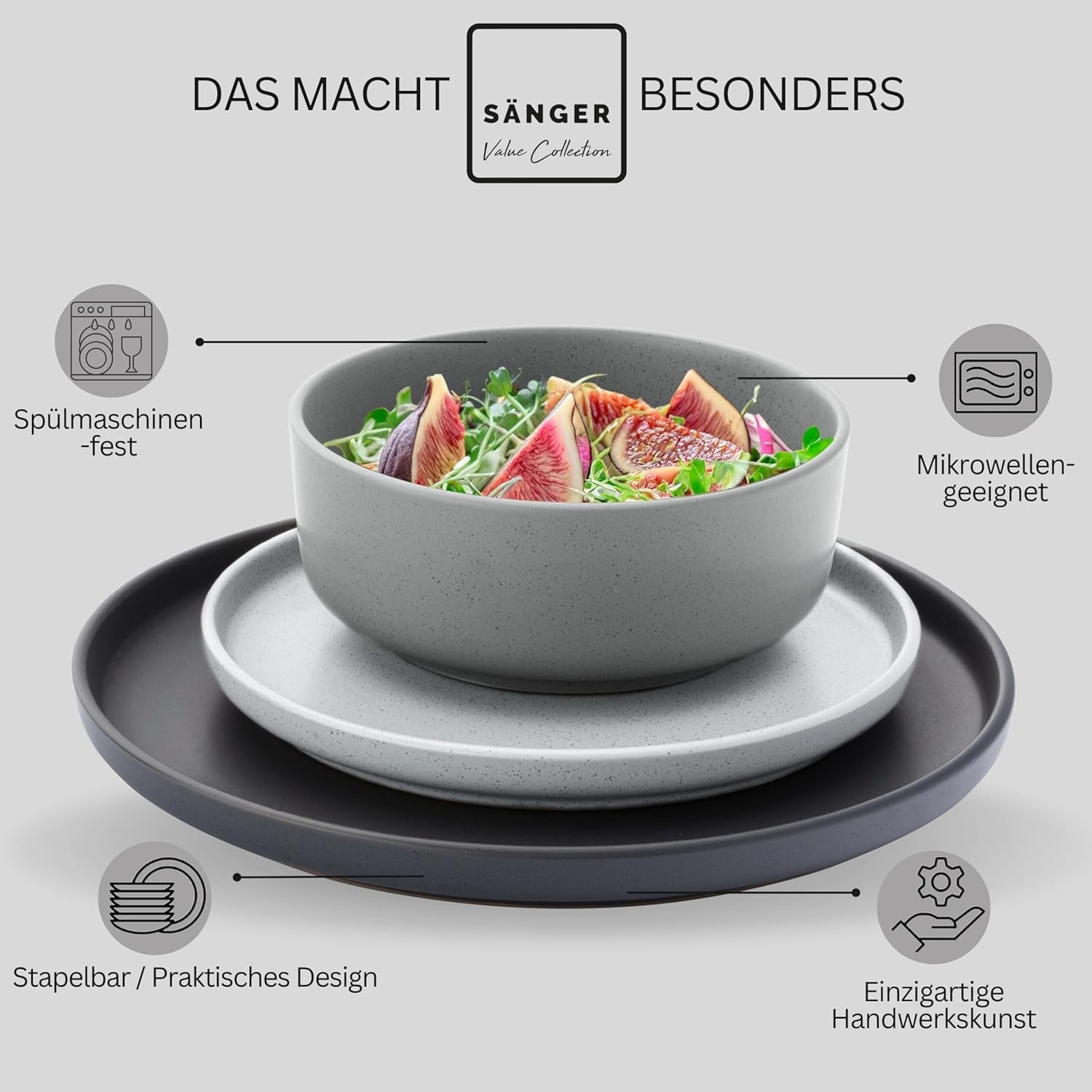 SÄNGER Leeds | Set de veselă din gresie, format din 12 piese, set de farfurii pentru 4 persoane, set de farfurii pentru cină (4 farfurii de cină, 4 farfurii de desert, 4 boluri), veselă colorată, rezistentă la zgârieturi | COLECȚIA VALUE