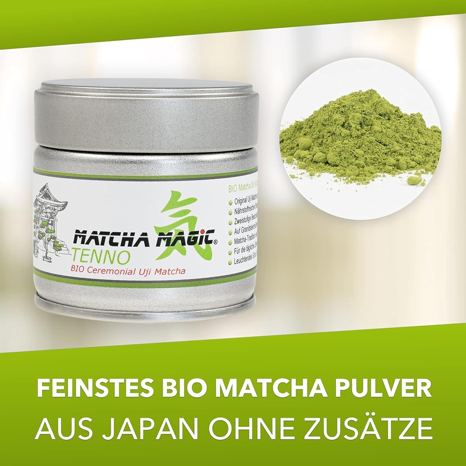 Matchamagic Tenno Ceai Matcha organic pudră 30 g - Ceai verde japonez original de calitate ceremonială - Matcha de înaltă calitate din Japonia pentru o savurare pură - Ideal pentru prepararea ceaiului și a smoothie-urilor
