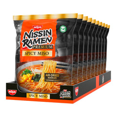 Nissin Ramen Premium - Miso Picant, pachet de 10 tăiței instant în stil japonez, uscați la aer, pentru ramen „în stil restaurant”, cu o aromă ușor picantă de miso și fulgi de wakame (10 x 90,7 g)