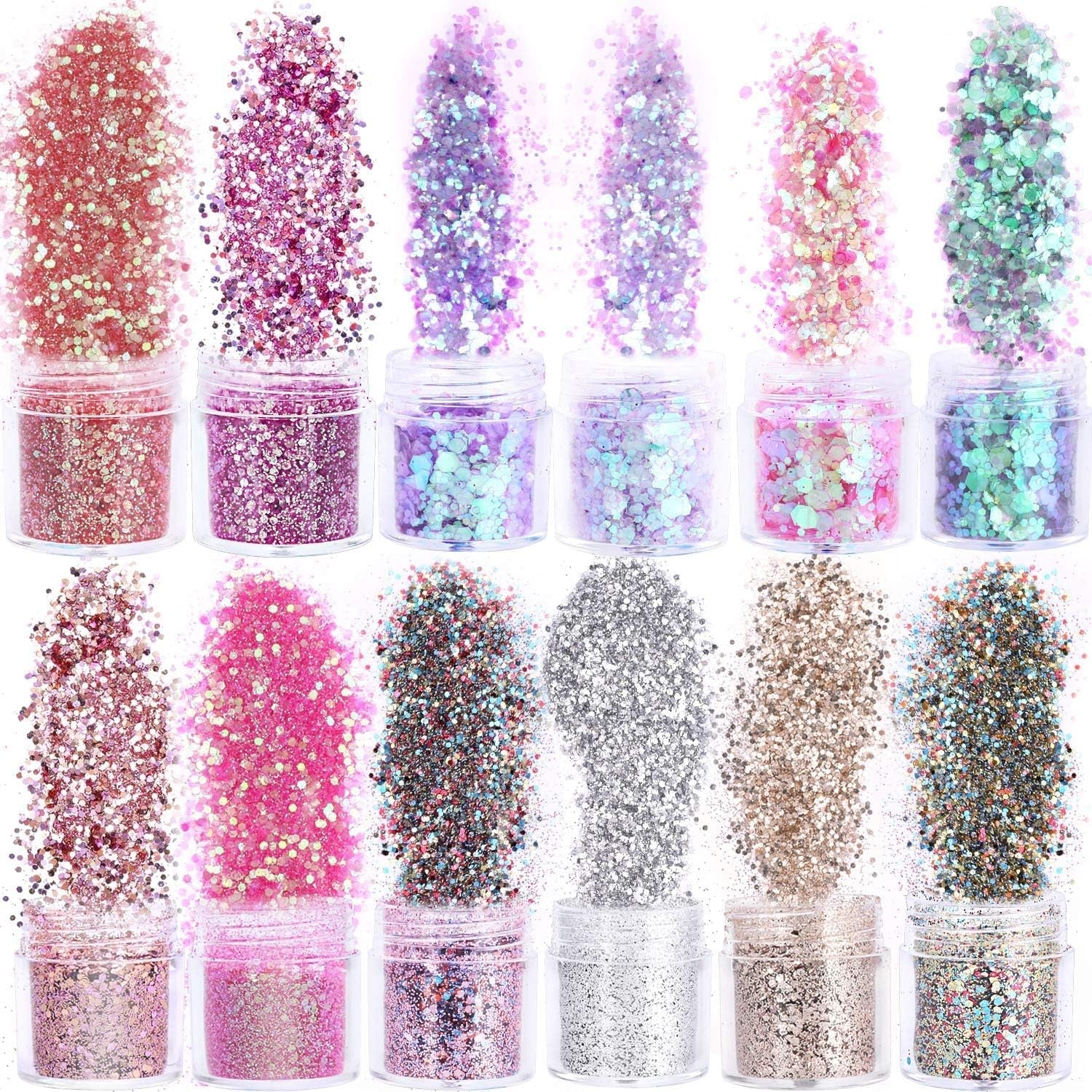 HOWAF 12 cutii cu sclipici pentru unghii, față, corp cu pensulă, paiete machiaj, sclipici pentru unghii, ochi, buze, păr, corp, decorare, Halloween, Crăciun, festival, bal mascat, accesorii machiaj