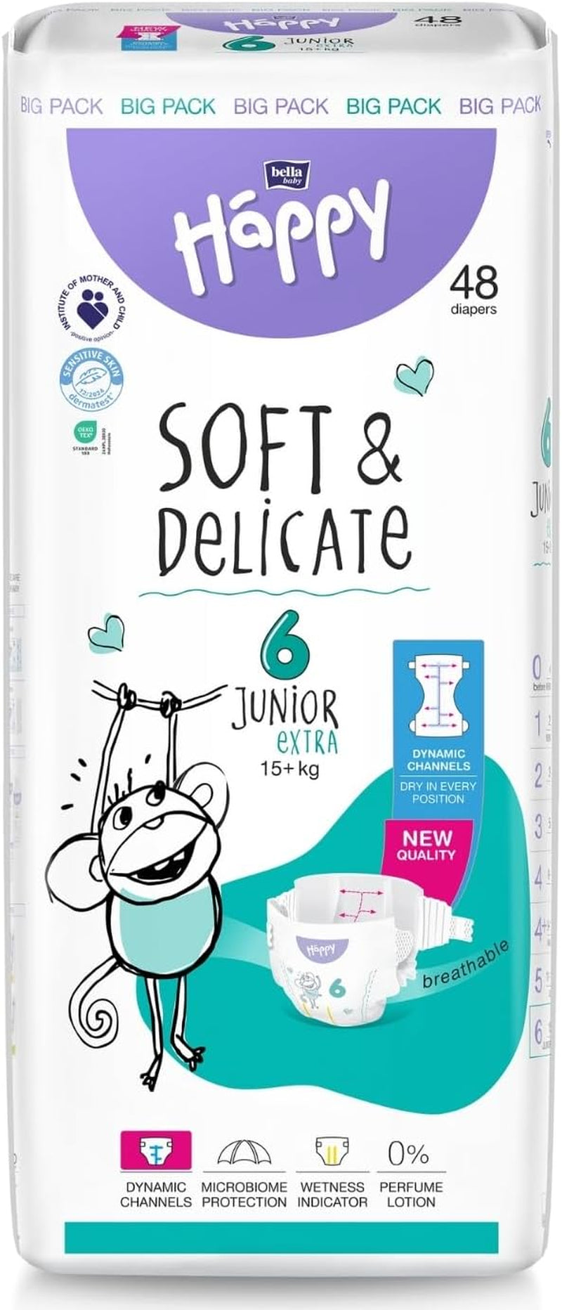 Scutece Bella Baby Happy Premium, mărimea 6, Junior Extra, 15+ kg, 96 de bucăți, sigiliu DERMATEST și OEKO-TEX, scutece de unică folosință pentru bebeluși