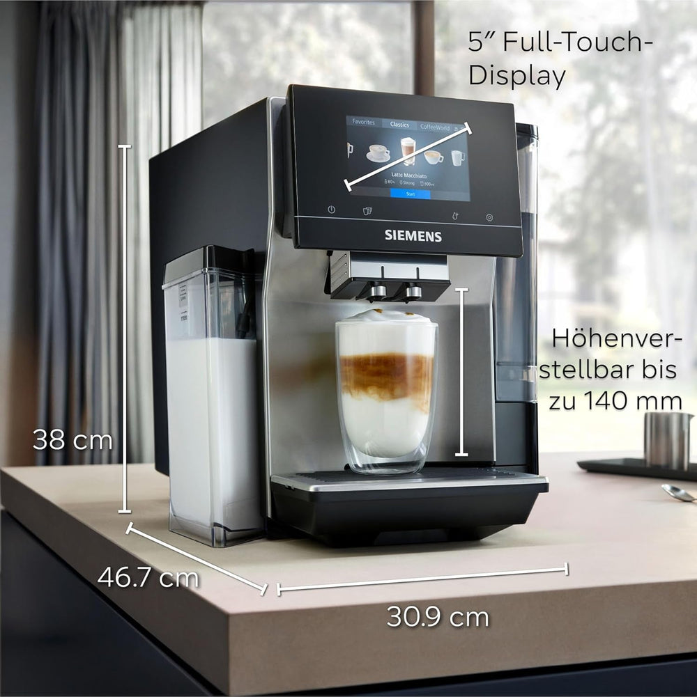Espressor automat integral Siemens EQ700, ecran TFT color mare, 36 de băuturi calde și reci, cold brew, funcție 2 căni, control prin aplicație, sistem automat de curățare, oțel inoxidabil negru, TQ717D03