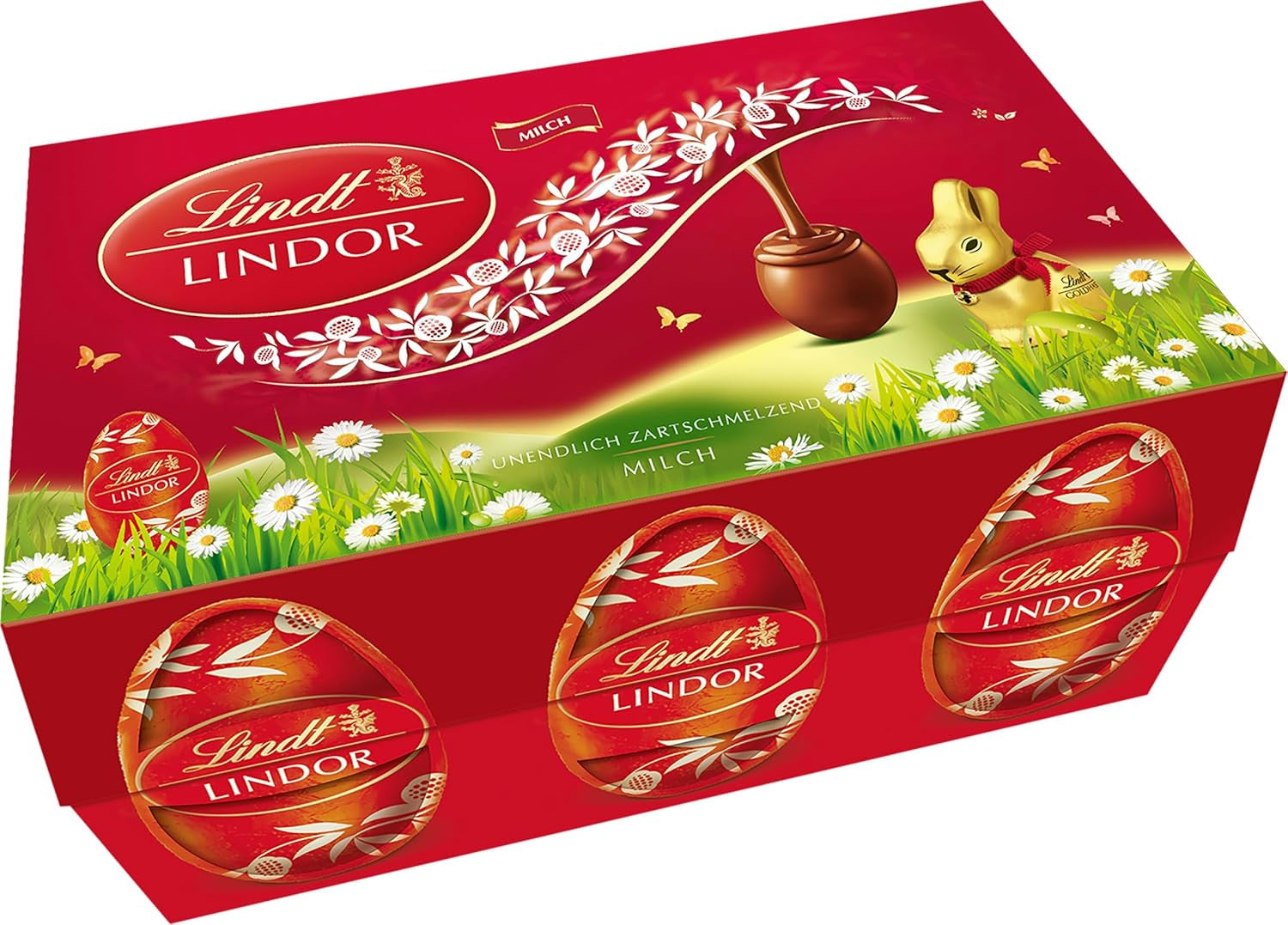Mix de Paște Lindt Chocolate LINDOR | Casetă 144g | Ouă LINDOR care se topesc în gură în trei variante: Ciocolată cu lapte, Ciocolată neagră, Alune | Ciocolată de Paște | Cadou de ciocolată | 1 pachet