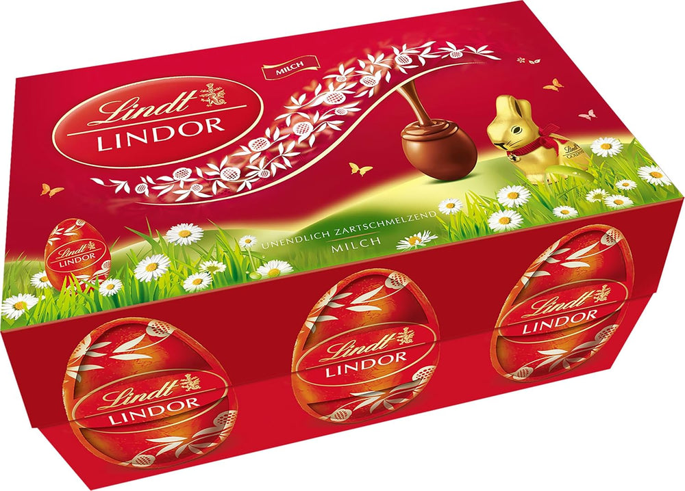 Mix de Paște Lindt Chocolate LINDOR | Casetă 144g | Ouă LINDOR care se topesc în gură în trei variante: Ciocolată cu lapte, Ciocolată neagră, Alune | Ciocolată de Paște | Cadou de ciocolată | 1 pachet