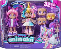 BANDAI - Animakii Einhorn und Fledermaus - Set Personalisierbare Puppen - 1 Puppe, 4 Gesichter, 2 Frisuren, 2 Outfits, 2 Paar Schuhe - Kreatives Spielzeug ab 5 Jahren - HEA26348