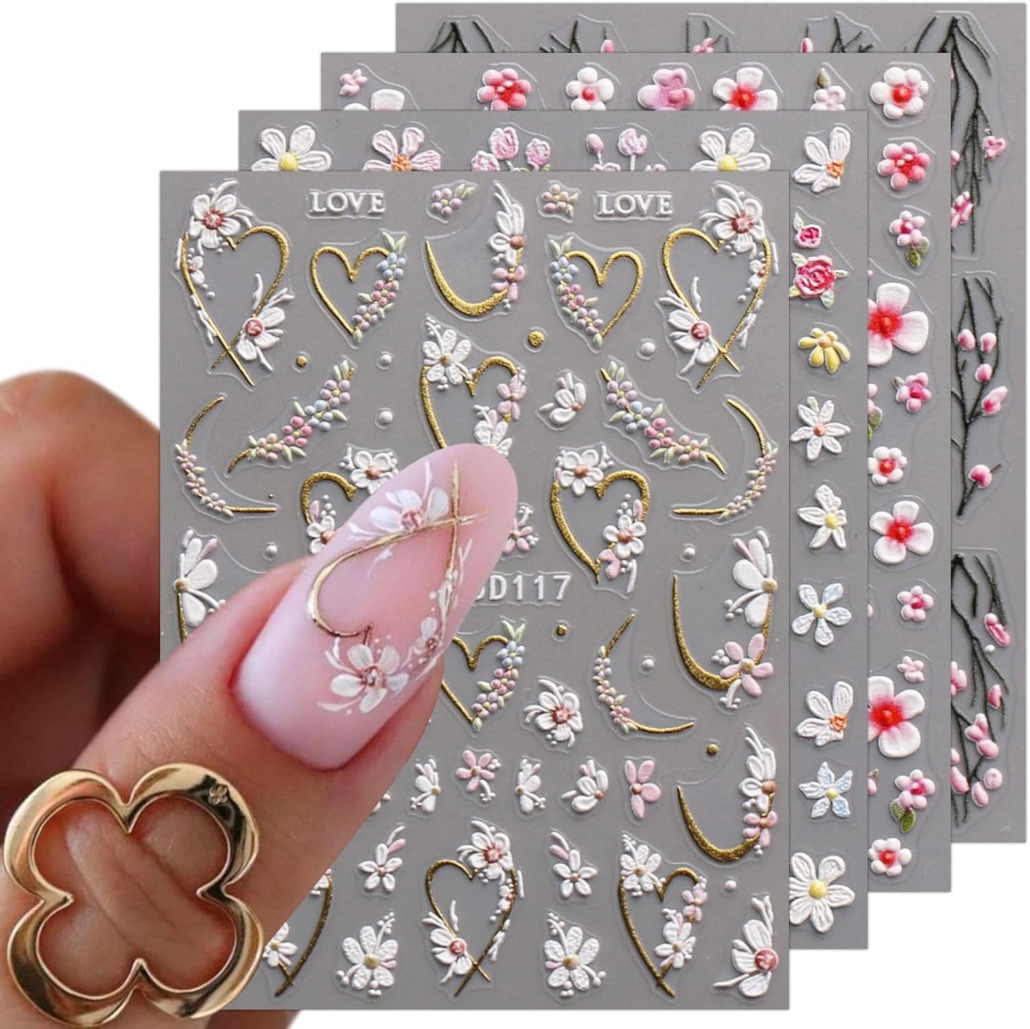 JMEOWIO 3D Nagelsticker Blume Nail Art Sticker Selbstklebend Nagelaufkleber 5D Stereoskopisch Frühling Sommer Floral Dekoration Nageldesign Zubehör 4 Blatt