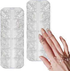 12 Größen Nail Art Perlen, Flache Perlen, Nail Art Accessoires, Halbkreis Nagelperlen, Weiße Nail Charms Und Glitzersteine Nägel Für Nail Art Design, DIY Basteln, Alltag, Hochzeit (2 Boxen)