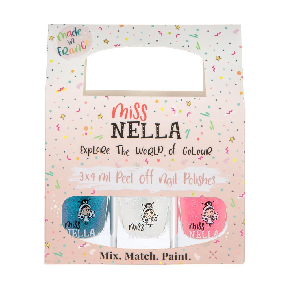 Set de ojă cu sclipici Miss Nella Magic Collection, 4 piese: roz, roșu, auriu și albastru, ojă detașabilă specială pentru copii, non-toxică, pe bază de apă și inodoră